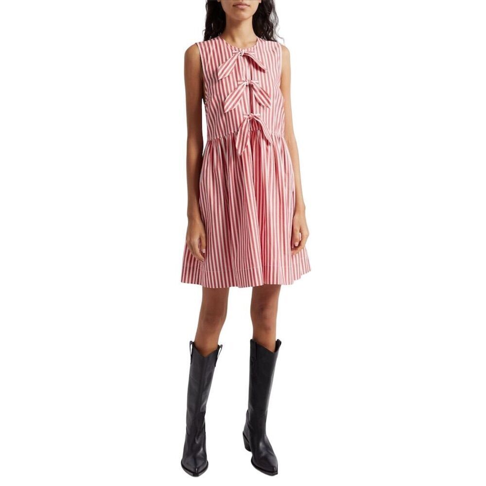 Ganni Women's Striped Bow Tie Sleeveless Mini Dress Red Size 32